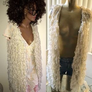 LESHOP Ivory Eyelash Fringe Sleeveless HIPPIE Boho Sweater Vest S/M